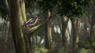 Самец японской мухоловки сидит на веточке, а затем улетает
